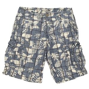 VTG. Plugg Cargo Shorts Men's 34 Blue Floral Plaid Hawaiian Tropical Beach‎ Y2K